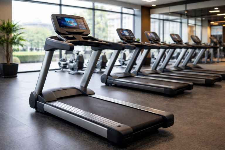 tapis de course maroc professionnels alignés dans salle de sport moderne avec consoles connectées